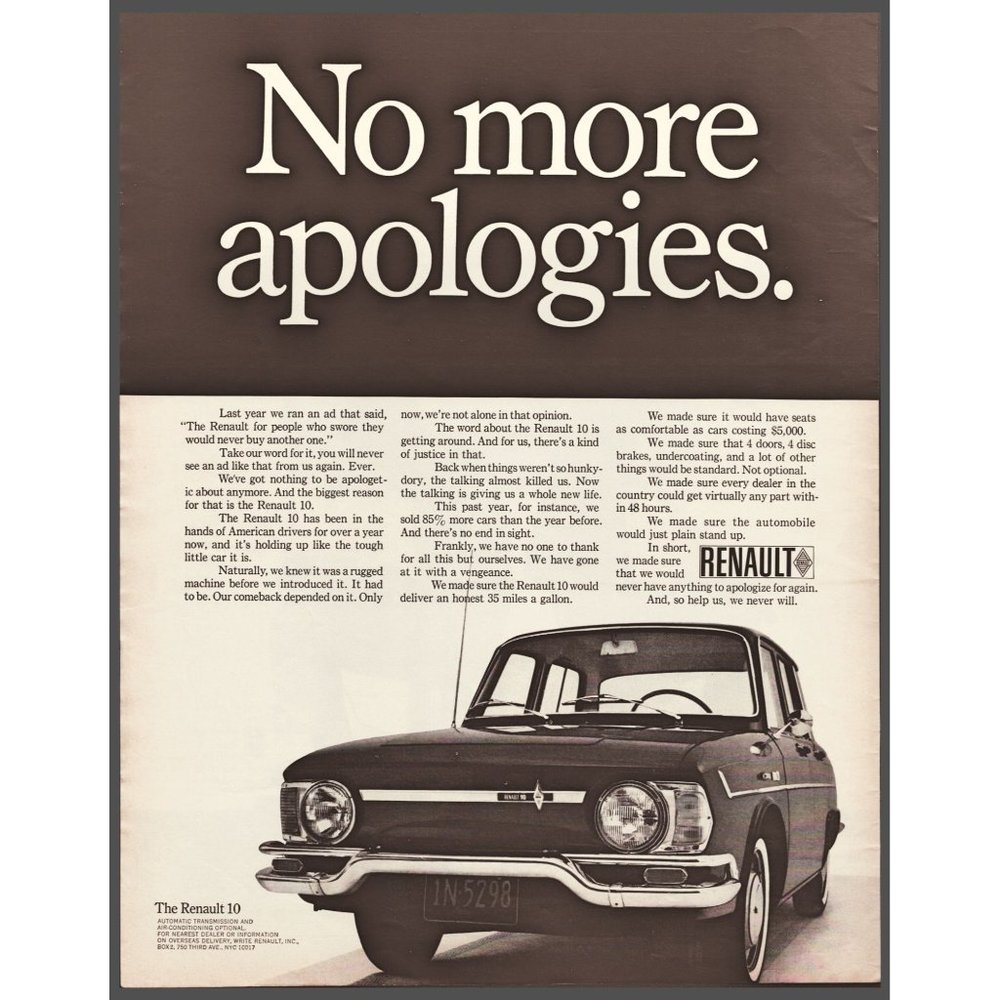 1968 Renault 10 Sedan Classic Car Vintage Print Ad No More Apologies Wall Art
